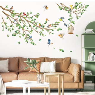decalmile Wandtattoo Vögel auf Baum Ast Wandaufkleber Grüne Blätter Zweige Wandsticker Schlafzimmer Wohnzimmer Sofa Hintergrund Wanddeko