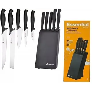 Fiskars Essential Messerblock Set, 5 Küchenmesser aus japanischem Stahl, Schwarzer Holzblock, 1200g