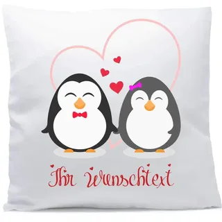 Kissen mit Namen Hochzeit Pinguine Pinguin Herz 40x40 cm inkl. Füllung Kuschelkissen Liebe Jahrestag, Kissen Farbe:Vorderseite weiß flauschig/RS weiß flauschig
