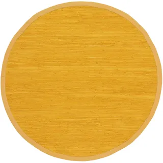carpetfine Flickenteppich Kelim Chindi Uni rund Gelb Ø 80 cm handgewebt | Fleckerlteppich aus Baumwolle für Wohnzimmermit Fransen