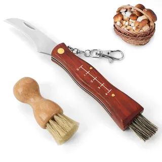 GVDV Pilzmesser mit Bürste und Lineal, Champignon/Trüffel Taschenmesser Klappmesser, Pilzbürste mit Wildschweinborsten, schwammerlmesser für Pilzsammler