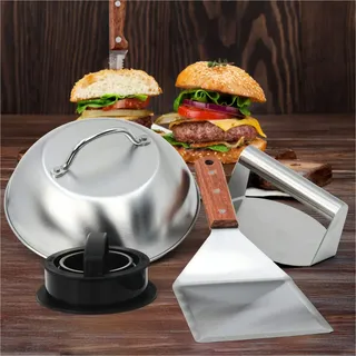 Hi Haushalt International Smash-Burger Maker Set 4-teilig mit Haube, Pressen und BBQ-Wender