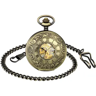 MICGIGI-Unisex Taschenuhr mit Halskette Kette Analog Handaufzug Bronze Römische Ziffern Mechanische Taschenuhren