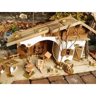 Geschenkestadl Weihnachtshaus 2 Holzhäuser mit 6-tlg Krippenzubehör, Weihnachtsdeko XXL