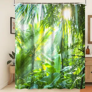 Xiaoterna Frühling Duschvorhang Tropischer Regenwald Üppiges grünes Laub im Dschungel Badvorhang Dschungel Sonnenaufgang Wasserdichter Duschvorhang Maschinenwaschbar Wasserdichter Stoff 180x220cm
