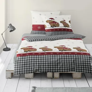 Traumschlaf Biber Bettwäsche Capybaras grau 155x220 cm + 80x80 cm - grau;rot;beige