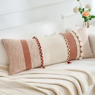 Labilin Langer Lendenkissenbezug 36x92, Boho Lange Dekokissen mit Quasten, moderner Abstrakter gewebter Körperkissenbezug für Sofa, Schlafzimmer, Wohnzimmer, Heimdekoration
