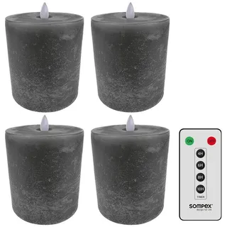 SOMPEX LED Kerzen mit Timerfunktion und flackernder Flamme, grau, ⌀ 10cm, Höhe 10,5cm, Adventskranz 4er Sets, Weihnachtsdeko, LED Deko, Stumpenkerzen (4er Set mit Fernbedienung