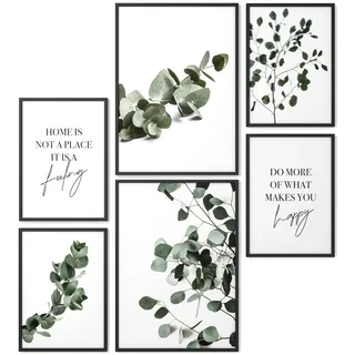 Papierschmiede® Mood Poster Set Eucalyptus Garden, Fertiges Bilder Set mit Rahmen (Holz, schwarz), Wohnzimmer Deko Schlafzimmer, 2x DIN A4 und 4x DIN A5, Eukalyptus Grün Ruhe