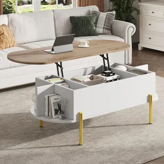 Merax Couchtisch mit Höhenverstellbarer Platte, Multifunktions-Wohnzimmertisch mit Verstecktem Stauraum & Offene Regale, Ovale Tischplatte, Modern Kaffeetisch Sofatisch für Homeoffice, Weiß&Holzfarbe