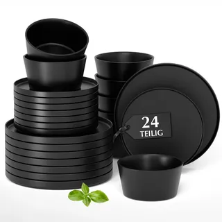 MIAMIO – Geschirrset 8 Personen / 24-teiliges Steingut modern/Tafelservice – Spülmaschinen- und Mikrowellenfest - Luxe Kollektion (Schwarz, Geschirrset (24x))