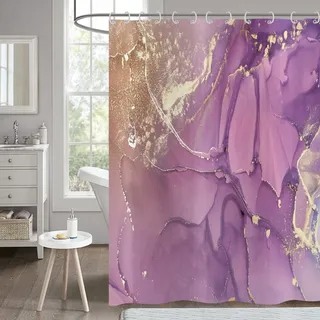 Hnmdmyi Duschvorhang Marmor Optik Lila 180x220, Abstrakt Lavendel Gold Glitzer Badewanne Vorhang Modern Elegant Ombre Luxus Aquarell Tinte Kunst Wasserdicht Polyester Stoff Waschbar Badevorhang