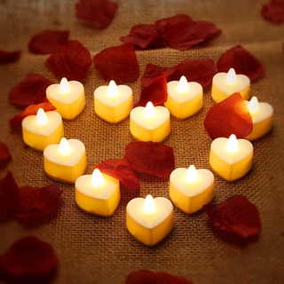 12 Stück Herz Form LED Teelicht Kerzen Liebe LED Kerzen mit 200 Stück Seide Rosenblätter Mädchen Künstliche Blütenblätter für Valentinstag Hochzeit (Gelbes Licht, Dunkelrotes Blütenblatt)