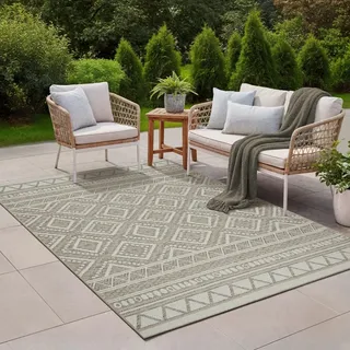 the carpet Calgary - Outdoor Teppich Wetterfest für Balkon & Terrasse, Robuster Flachgewebe Teppich für Garten, Pflegeleicht In- & Outdoor, Boho Vintage Design, Beige, 300 x 400 cm
