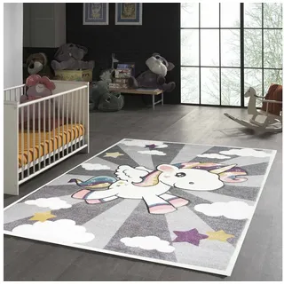 TeppichHome24 Kinderteppich Kinderteppich mit Einhorn Regenbogen in Grau Creme, rechteckig, Höhe: 1.3 mm gelb|grau|lila|rosa|weiß rechteckig | 140 cm x 200 cm x 1.3 mm
