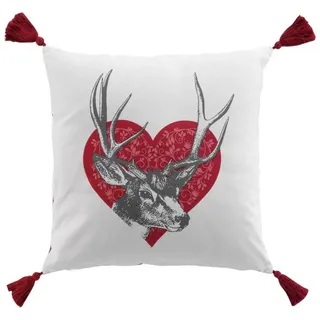 Macosa Home Dekokissen Hirsch Geweih 40x40 cm rot weiß inkl. Füllung Hirschkopf Herbst, Landhaus grau|rot|weiß
