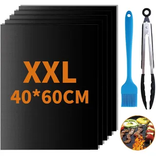 GROFIS 5er Set BBQ Grillmatte für Gasgrill, 60x40cm Antihaft Grillmatten aus Teflon, Backmatte Backpapier Wiederverwendbar, Grillplatte mit Pinsel & Clip, Zuschneidbar Dauerbackfolie für Holzkohle