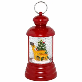 MIJOMA weihnachtliche LED Laterne Schneekugel aus Glas – Ausführung Rentiere, warmweißes Licht mit Schneewirbel
