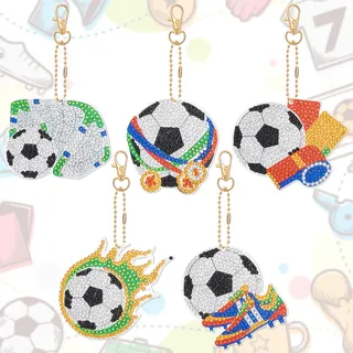 JSRQT Fußball Diamond Art Painting Schlüsselanhänger Diamond Art Painting Anhänger 5 Stücke Doppelseitig Stickerei Kunst Handwerk für Handtasche Dekoration DIY Diamant Malerei Schlüsselbund Football