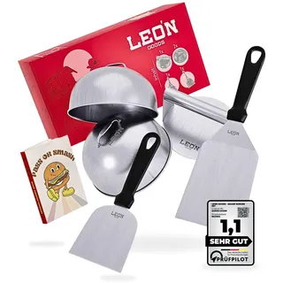 LEÓN Goods® - Smash Burger Set/Burger Set Geschenkset aus Edelstahl für Gasgrill, Feuerplatte, Teppanyaki UVM. Inkl. Burger Spachtel-Set, Burger Smasher (Burgerpresse) und Burger Glocke (XL – 5TLG.)