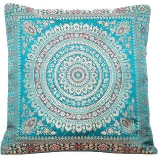 Ruwado Handgefertigt Türkis-Grün Dekokissen aus Indische Banarasi Seide - 40 cm x 40 cm | 16 x 16 Zoll. ***Handgewebt und handgenäht von Kunsthandwerkern aus Kaschmir-Indien (2. Türkis-Grün & Golden)
