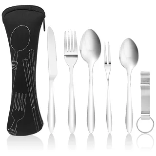 Fousenuk 6 Stück Besteck Set, Besteckset aus Edelstah mit Löffel, Messer, Gabel, Flaschenöffner, Bestecktasche, Poliert Campingbesteck, Tragbare Essbesteck für Reise, Camping, Picknick, Outdoor