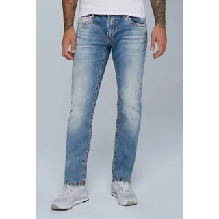 Regular-fit-Jeans CAMP DAVID, Herren, Gr. 38, Länge 30, blau, Denim/Jeans, Material: 98% Baumwolle, 2% Elasthan, Zusatz: Enthält nichttextile Teile tierischen Ursprungs (Badge), Abriebeffekte, regular fit, Jeans, mit breiten Nähten