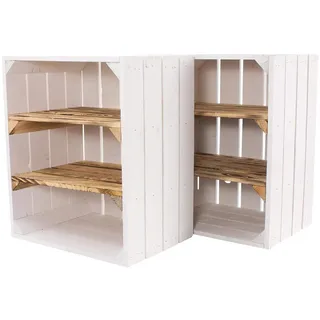 Moooble 2er Weiße Holzkiste mit 2 geflammten Mittelbrettern quer 50cm x 40cm x 30cm Obstkiste Weinkiste mit Zwischenböden flambiert Wandregal Natur Garten Küchenregal