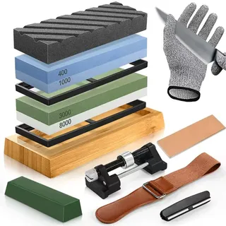 Schleifstein Set - Abziehstein Wetzstein für Messer 400/1000/3000/8000 mit Rutschfeste Unterlage, Schnittschutz Handschuhe, Winkelführung, Flachstein, Schleifhilfe, Lederstreifen, Polierpaste