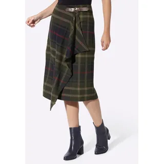 Wickelrock HEINE, Damen, Gr. 36, grün (moos, marine, kariert), 65% Polyester, 15% Polyacryl, 10% Viskose, 10% Polyamid, gemustert, kariert, mehrfarbig, wadenlang, Röcke Wickelrock