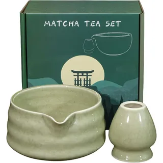 Zweiteilige Matcha-schale: 530 Ml Handgefertigte Matcha-schale Für Die Matcha-zeremonie, Keramikschale Mit Ausguss, Grün