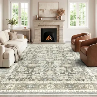 HOMFINE Grau Vintage Teppich Wohnzimmer 160x230 cm - Waschbarer Kurzflor mit Rutschfester Unterseite, weicher Boho Retro für Schlafzimmer Esszimmer Flur