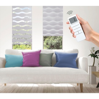 Elektrisches Rollo Wave - SMART HOME, Good Life, Lichtschutz, ohne Bohren, Klemmfix, mit Fernbedienung grau|weiß 100 cm x 150 cm