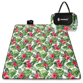 SPRINGOS Picknickdecke Campingdecke mit wasserfester Unterseite Faltbare Große Strandecke Reißverschlusstasche und Tragegriff 160 x 200 cm Hibiskus-Blumen
