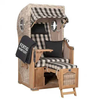 MR.DEKO Strandkorb 1-Sitzer Single Teak Shell Volllieger mit Bullaugen, BxTxH: 96x80x165 cm, Vollieger, Düne Single, (Fertig montierter Strandkorb für Garten, Terrasse & Balkon, 1-tlg), Wetterfester Volllieger mit Edelstahlbeschlägen & waschbaren Polstern braun
