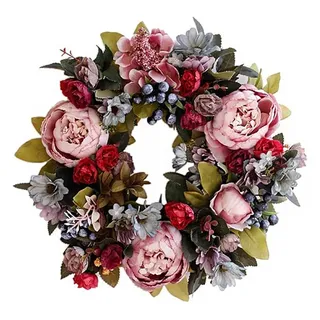 TUWENA Dekokranz Künstlicher Türkranz Dekoration, Pfingstrose Blume Haustürkranz, für Frühling und Sommer All Seasons Blumenkranz Runde Reisig