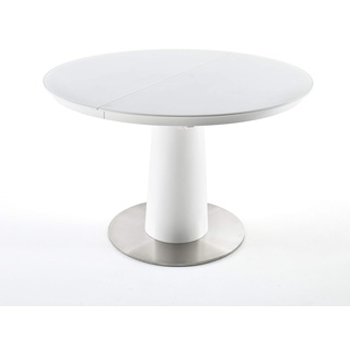 Esstisch rund Weiß matt lackiert, Tisch mit Glasplatte ausziehbar, BxHxT 120-160x76x120 cm
