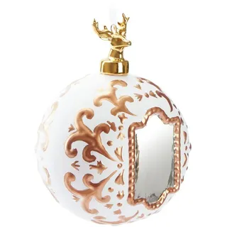 Brubaker Premium Weihnachtskugel - Royal Deer - 10 cm weiße Baumkugel mit Spiegel, Gold Muster und Hirsch Figur aus Porzellan - Handbemalt - Glas Weihnachtsbaumkugel Christbaumschmuck Anhänger