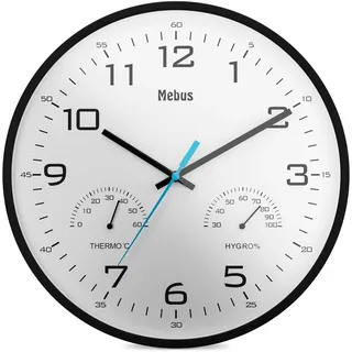 Mebus moderne Quarz-Wanduhr mit Temperaturanzeige und Luftfeuchtigkeit, 30 cm Durchmesser groß, Wohnzimmer, Küchenuhr, Rund / Modell: 16180 / Farbe: Schwarz