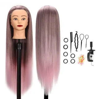 GUANJUNE Schaufensterpuppe Kopf, Friseur Trainingskopf Friseur,26-28 Zoll 100% Kunstfaser Kosmetik Puppenkopf mit Klemmhalter + Haaraccessoires Set,Geschenke für Mädchen (Farbverlauf Pink)