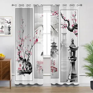 Mistela Vorhänge Blickdicht Japanisch - Verdunklungsvorhänge mit Ösen Orientalische Kirschblüte Pagode Wohnzimmer Gardinen Vorhänge Schlafzimmer Decor - 2er Set - H160 x B140cm, Schwarz Rosa Grau