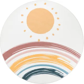 Paco Home Kinderteppich Teppich Kinderzimmer Rund Waschbar Bis 30 Grad Sonne Regenbogen weiß, Ø 100 cm Rund,