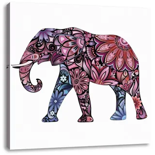 Pixxprint Leinwandbild Elefant mit Ornamenten, Elefant mit Ornamenten (1 St), Leinwandbild fertig bespannt, inkl. Zackenaufhänger bunt|lila 60 cm x 60 cm