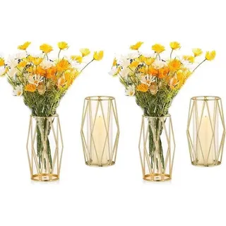 Famanu Set von 4 modernen goldenen Vasen mit geometrischem Metallhalter - Gold und Schwarz