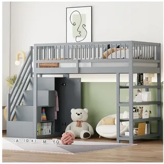 Flieks Hochbett Etagenbett Kinderbett Massivholz 90x200cm mit Kleiderschrank Regalen grau
