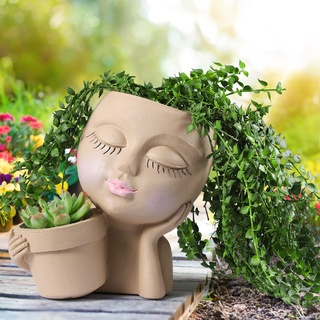 WEWEOW Gesichts-Übertopf – Doppel-Blumentöpfe in einem für Innen- und Außenbereich, Kunstharz-Kopf-Pflanzgefäß mit Drainageloch, niedliches Damengesicht
