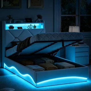 Polsterbett Jugendbett 90x200 cm, LED Bett 90x200 mit Hydraulischer Stauraum, Einzelbett mit Staufach-Kopfteil und USB-Anschlüssen, Funktionsbett Stauraumbett Bettgestell mit Lattenrost,Samt