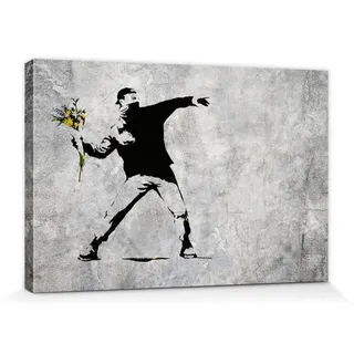 1art1 Banksy Poster Der Blumenwerfer, Graffiti Streetart Bilder Leinwand-Bild Auf Keilrahmen | XXL-Wandbild Poster Kunstdruck Als Leinwandbild 30x20 cm