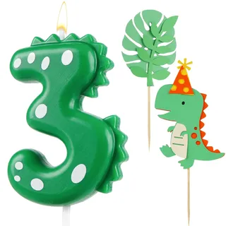 AIBAOBAO Geburtstagskerzen Zahlen 3, Kerzen Geburtstag Dinosaurier, mit 2 x Dino Tortendeko, Geburtstagskerze, Kerze Geburtstag, Kerze 3, Grün Zahlenkerzen für Torte Kinder 3 Jahre Junge Mädchen
