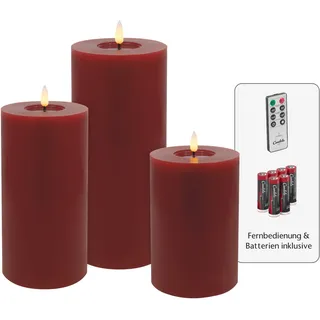 Candela Lights LED Kerzen 3er Set Stumpenkerze rot Echtwachs mit Fernbedienung Timer Funktion & mehrstufig dimmbar bewegliche Flamme Echtwachskerzen